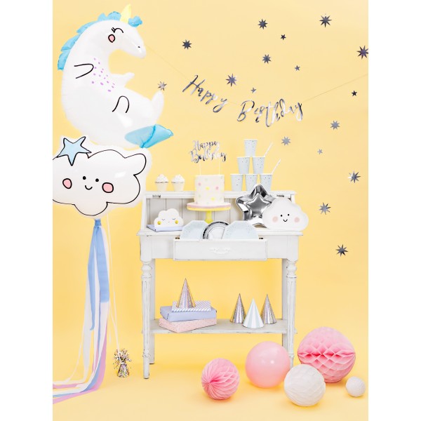 Топпер для торта "Happy Bithday", серебро, 22,5 см, ламинированная бумага.  