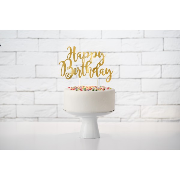 Топпер для торта "Happy Bithday", золото, 22,5 см, ламинированная бумага.  