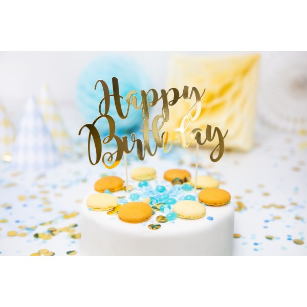 Топпер для торта "Happy Bithday", золото, 22,5 см, ламинированная бумага.  