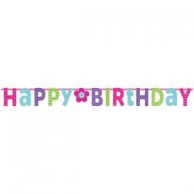 Burtu baneris Happy Birthday, rozā ar puķīti  3.35m x 31.7cm