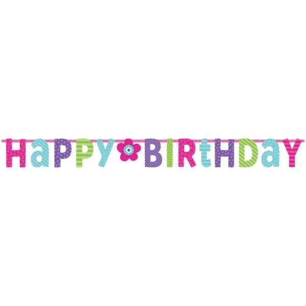 Burtu baneris Happy Birthday, rozā ar puķīti  3.35m x 31.7cm