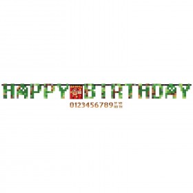 Гирлянда-буквы Майнкрафт/TNT: Happy Birthday с клеющимися цифрами  “0” - “9”, 3,2м x 25см, бумага