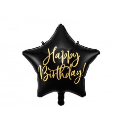 Folija balons Dzimšanas dienai – Melna ar zeltu zvaigzne Happy Birthday – 43cm, piepūšams ar hēliju vai gaisu 