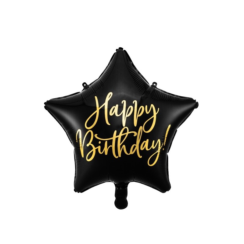 Folija balons Dzimšanas dienai – Melna ar zeltu zvaigzne Happy Birthday – 43cm, piepūšams ar hēliju vai gaisu 