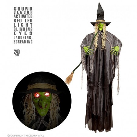 Sound sensor activated WITCH WITH BROOM, FLICKERING LED LIGHT EYES & EVIL LAUGHTER 240 cm (3 x LR4