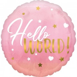 Шар "Hello World" на рождение ребенка, фольгированны, розовый, 43см, S40