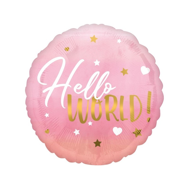 Шар "Hello World" на рождение ребенка, фольгированны, розовый, 43см, S40