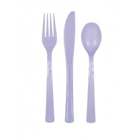 Galda piederumi gaiši lillā, 18 gab. plastmasas.(6 dakšas, 6 karotes, 6 naži) 