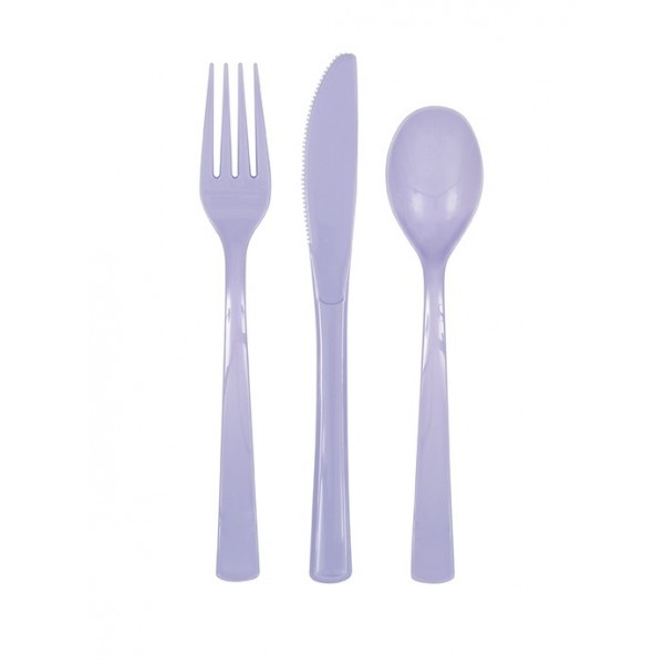 Galda piederumi gaiši lillā, 18 gab. plastmasas.(6 dakšas, 6 karotes, 6 naži) 