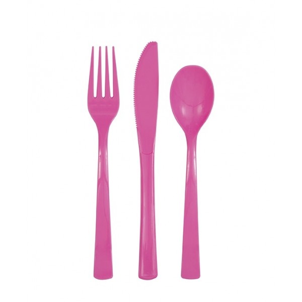Galda piederumi rozā, 18 gab. plastmasas.(6 dakšas, 6 karotes, 6 naži) 