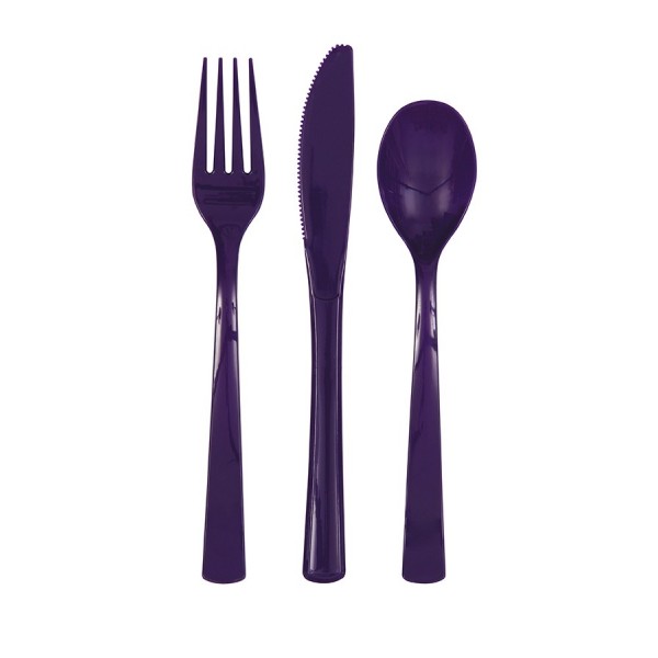 Galda piederumi violeti, 18 gab. plastmasas.(6 dakšas, 6 karotes, 6 naži) 