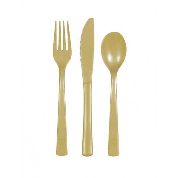 Galda piederumi zelti, 18 gab. plastmasas.(6 dakšas, 6 karotes, 6 naži) 