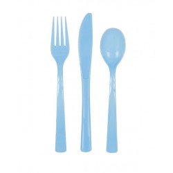 Galda piederumi gaiši zili, 18 gab. plastmasas.(6 dakšas, 6 karotes, 6 naži) 