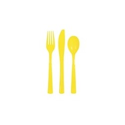 Galda piederumi dzelteni, 18 gab. plastmasas.(6 dakšas, 6 karotes, 6 naži) 