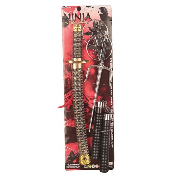 Ninja ieroču komplekts - zobens-katana, surikeni, nunčaki, trijžuburis (sajs) 