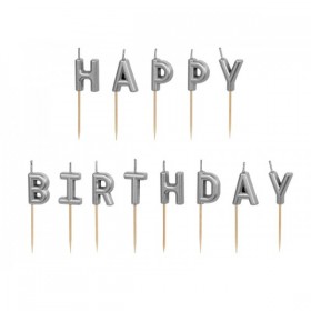 Dzimšanas dienas sveces “Happy Birthday”, 2,5 cm, sudraba