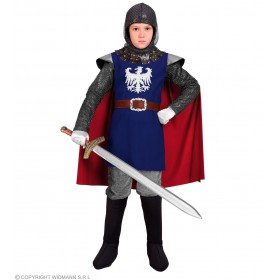 Bruņinieka kostīms, zils - formas tērps ar apmetni, josta, audumu ķivere, 140 cm  
