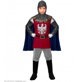 Bruņinieka kostīms, sarkans - formas tērps ar apmetni, josta, audumu ķivere, 128 cm  