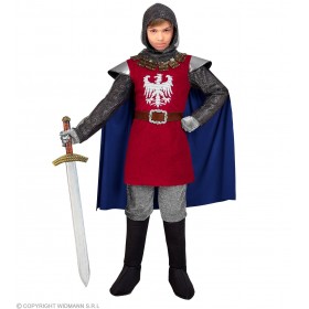 Bruņinieka kostīms, sarkans - formas tērps ar apmetni, josta, audumu ķivere, 128 cm  