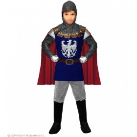Bruņinieka kostīms, zils - formas tērps ar apmetni, josta, audumu ķivere, 140 cm