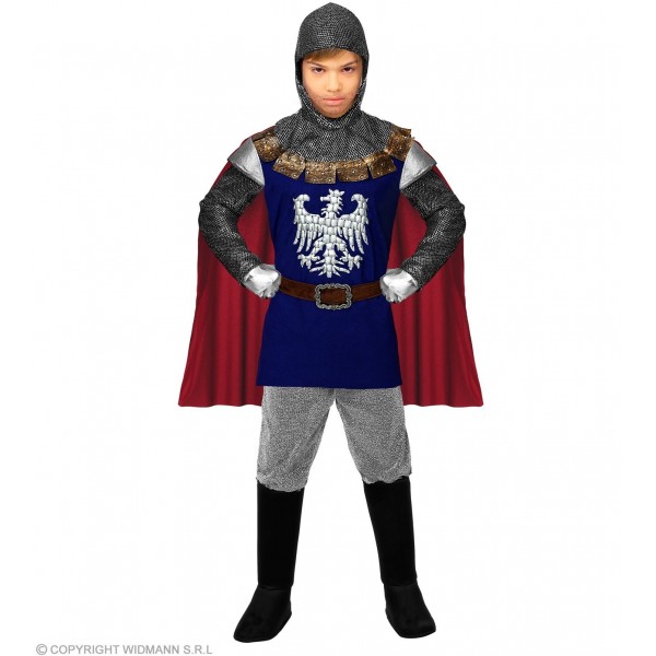 Bruņinieka kostīms, zils - formas tērps ar apmetni, josta, audumu ķivere, 140 cm