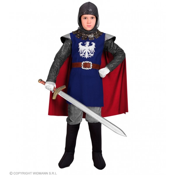 Bruņinieka kostīms, zils - formas tērps ar apmetni, josta, audumu ķivere, 140 cm