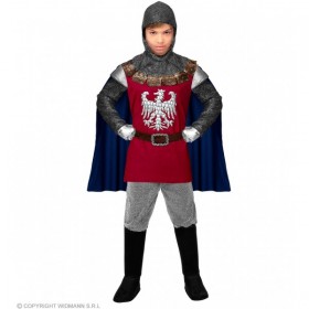 Bruņinieka kostīms, sarkans - formas tērps ar apmetni, josta, audumu ķivere, 128 cm / 140 cm