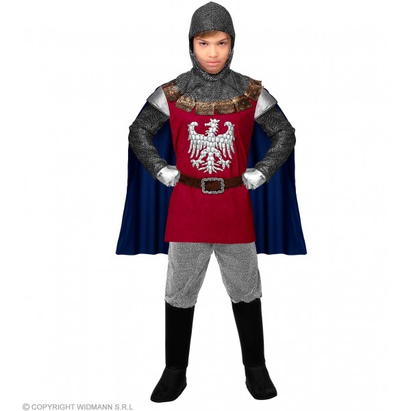 Bruņinieka kostīms, sarkans - formas tērps ar apmetni, josta, audumu ķivere, 128 cm / 140 cm