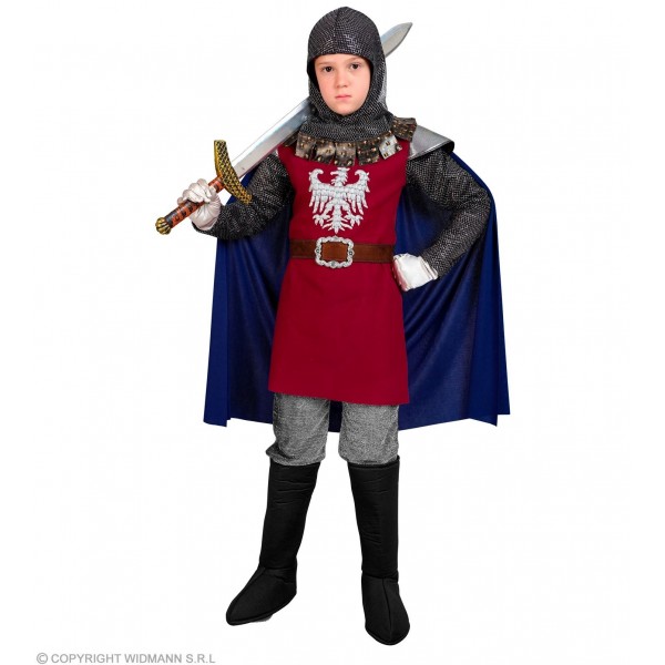 Bruņinieka kostīms, sarkans - formas tērps ar apmetni, josta, audumu ķivere, 128 cm / 140 cm