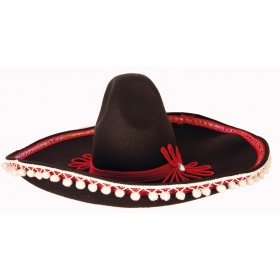 Melna krāsas Sombrero cepure, rotāta ar spilgtu sarkanu apmali un mini-pomponiem. 