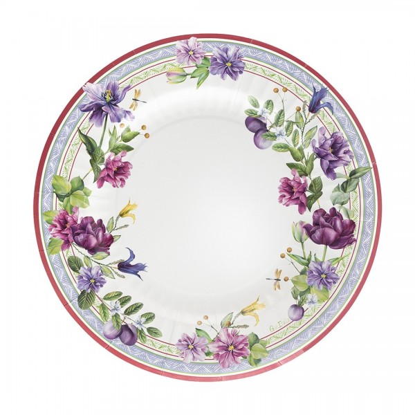 8 apaļi papīra šķīvji 27 cm ar spilgtu ziedu ornamentu violetos un purpursarkanos toņos