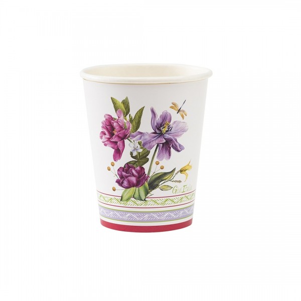 8 papīra glāzes 250 ml ar spilgtu ziedu ornamentu violetos un purpursarkanos toņos