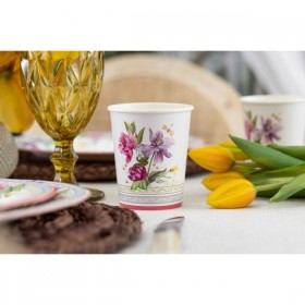 8 papīra glāzes 250 ml ar spilgtu ziedu ornamentu violetos un purpursarkanos toņos