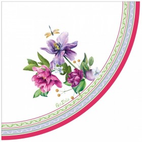 16 apaļas salvetes 33x33 cm ar spilgtu ziedu ornamentu violetos un purpursarkanos toņos.