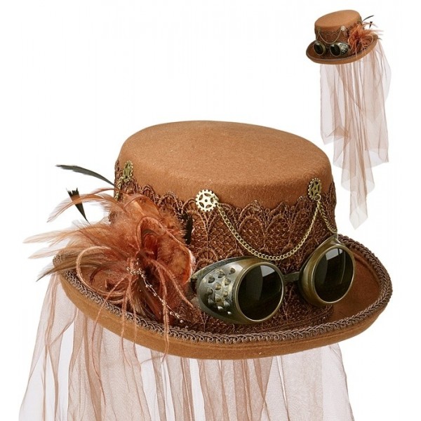 Steampunk cilindrs ar brillēm un plīvuru