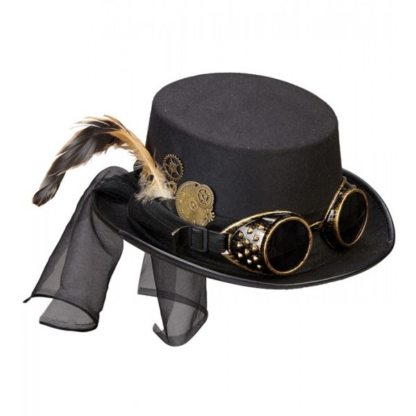 Steampunk cilindrs ar brillēm un spalvu