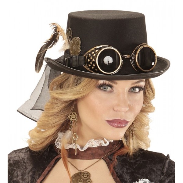 Steampunk cilindrs ar brillēm un spalvu