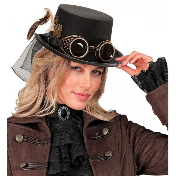 Steampunk cilindrs ar brillēm un spalvu