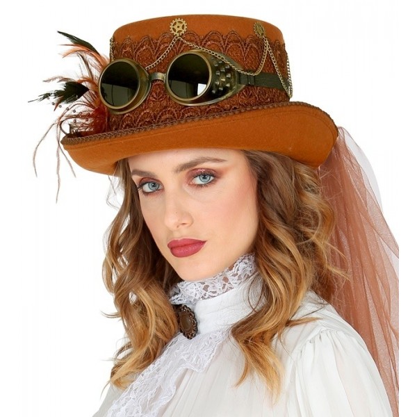 Steampunk cilindrs ar brillēm un plīvuru 