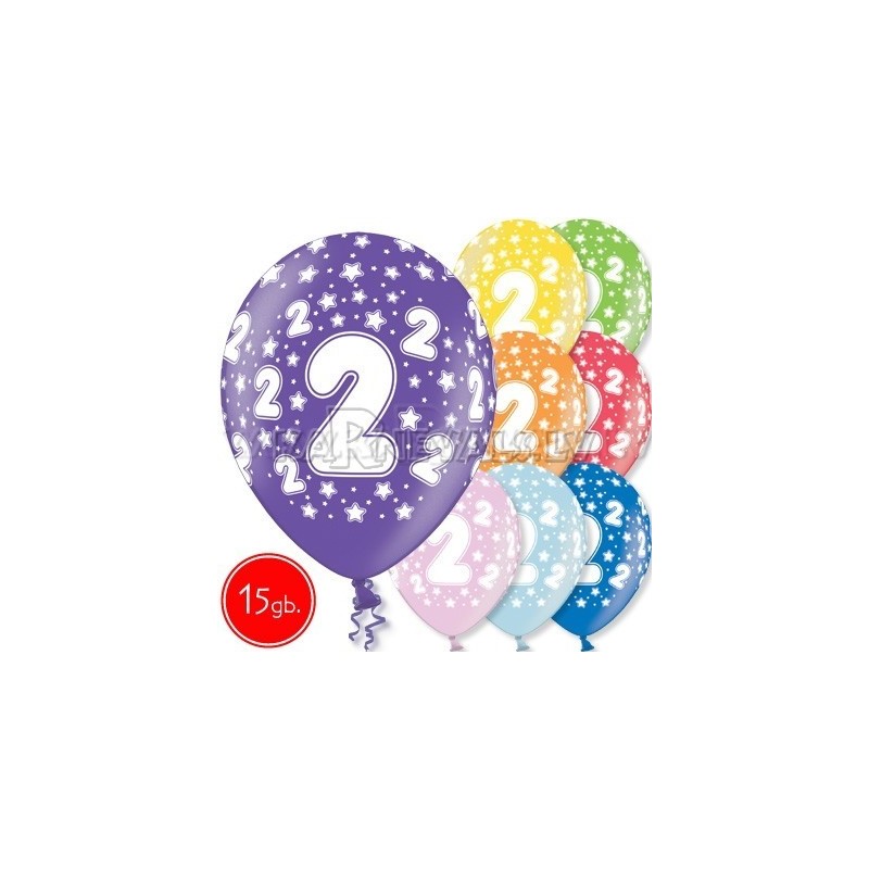 12"/30 cm lateksa baloni, 2  dzimšanas diena, assortimentā 8 dažādas krāsas, 15 gab.