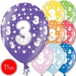 12"/30 cm lateksa baloni, 3 dzimšanas diena, assortimentā 8 dažādas krāsas, 15 gab.