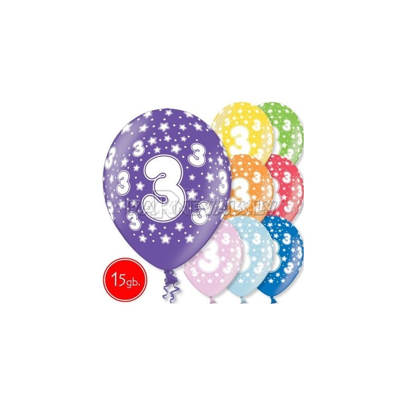 12"/30 cm lateksa baloni, 3 dzimšanas diena, assortimentā 8 dažādas krāsas, 15 gab.