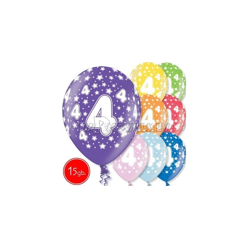12"/30 см шар из латекса, 4 день рождения,  в ассортименте  8 цветов, 15 шт.
