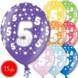 12"/30 cm lateksa baloni, 5  dzimšanas diena, assortimentā 8 dažādas krāsas, 15 gab.