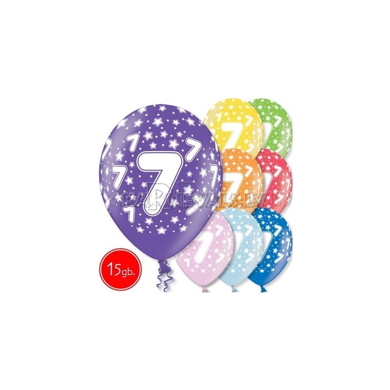 12"/30 cm lateksa baloni, 7 dzimšanas diena, assortimentā 8 dažādas krāsas, 15 gab.