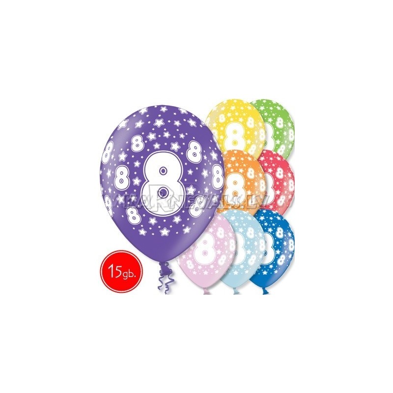 12"/30 см шар из латекса, 8 день рождения,  в ассортименте  8 цветов, 15 шт.