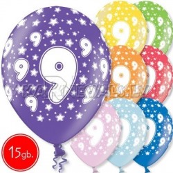 12"/30 cm lateksa baloni, 9 dzimšanas diena, assortimentā 8 dažādas krāsas, 15 gab.
