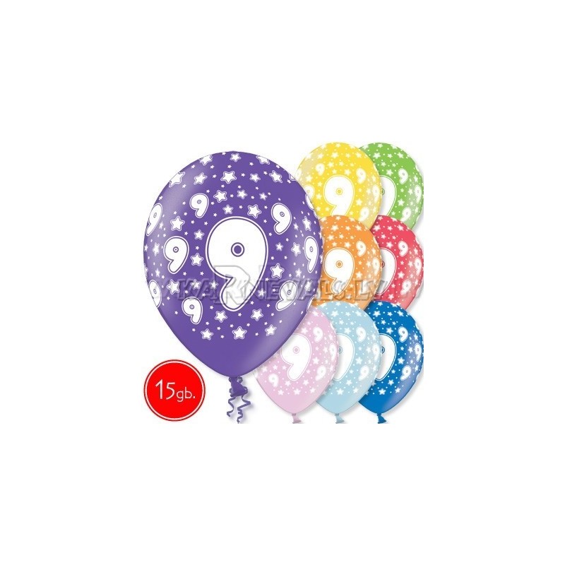12"/30 cm lateksa baloni, 9 dzimšanas diena, assortimentā 8 dažādas krāsas, 15 gab.