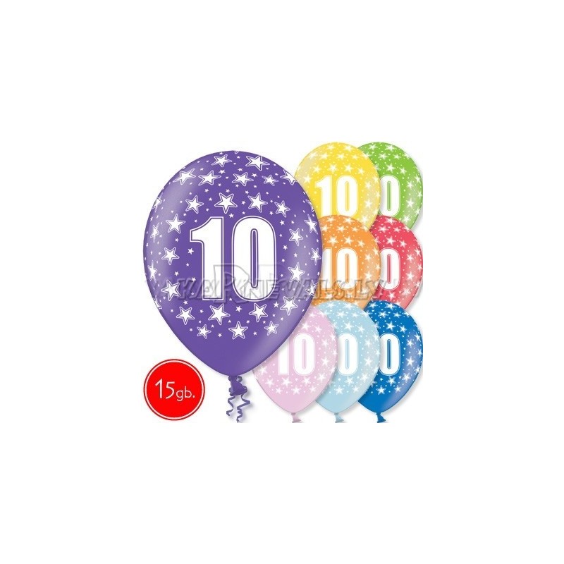 12"/30 cm lateksa baloni, 10 dzimšanas diena, assortimentā 8 dažādas krāsas, 15 gab.