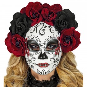 Маска Día de los Muertos с чёрными и бордовыми розами